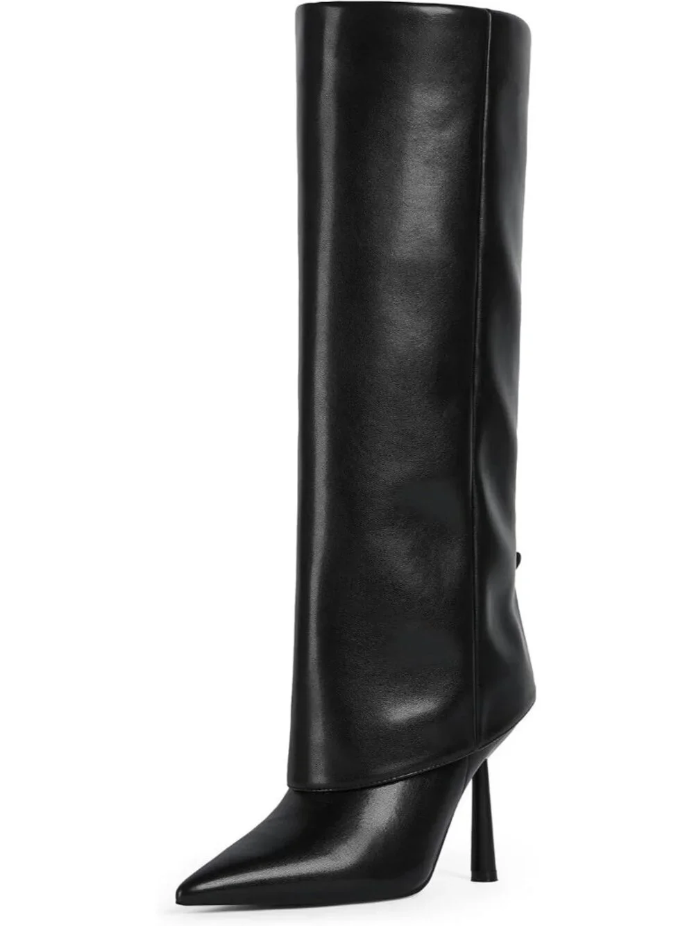 Women's Black Stiletto Heel Pointed Toe Side Zipper Knee High Shark Boots